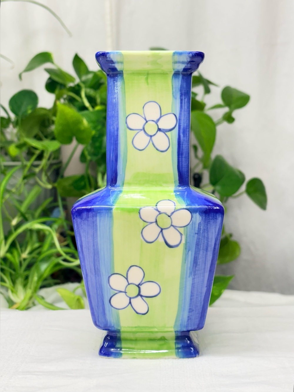 Vintage Hand-Painted Porcelain Square Footed 8” Vase Blue Green Stripes Daisy